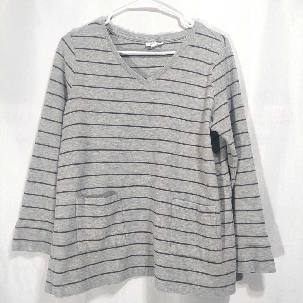 J Jill Women L Knit Pullover Gray Stripe Long Sleeve V Neck Front Patch Pockets